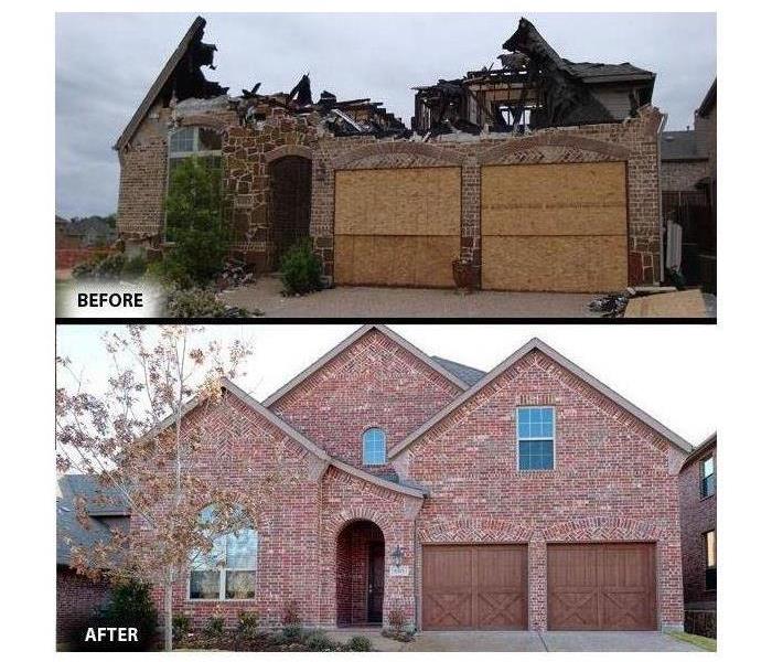 Exterior before and after shot of home with fire damage.
